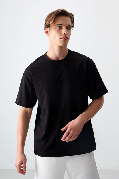 Black Cotton Thick Soft Textured Oversize Fit Basic Men's T-Shirt - 88377