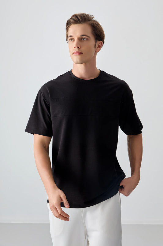 Black Cotton Thick Soft Textured Oversize Fit Basic Men's T-Shirt - 88378