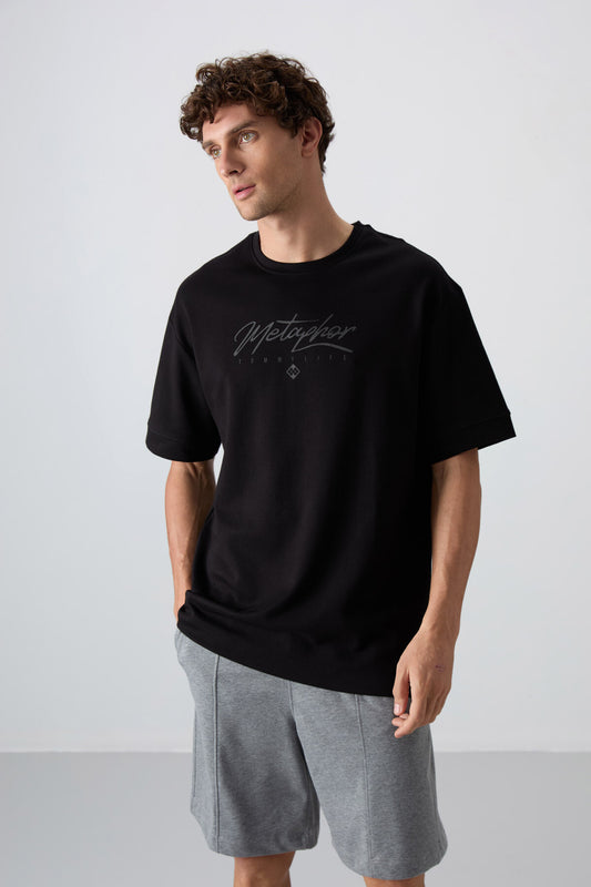 Black Cotton Thick Soft Textured Oversize Fit Printed Men's T-Shirt - 88320