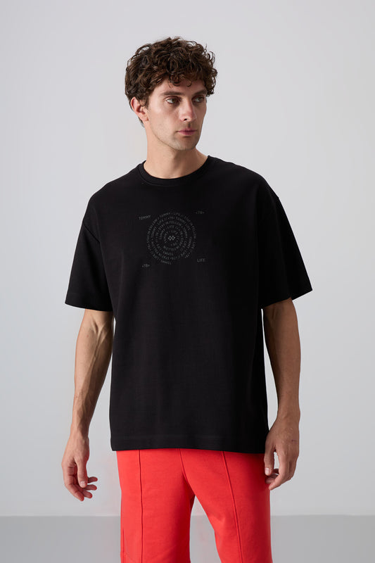 Black Cotton Thick Soft Textured Oversize Fit Printed Men's T-Shirt - 88324