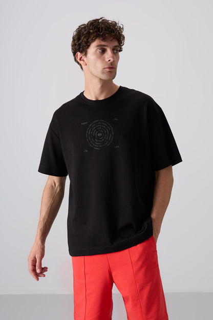 Black Cotton Thick Soft Textured Oversize Fit Printed Men's T-Shirt - 88324