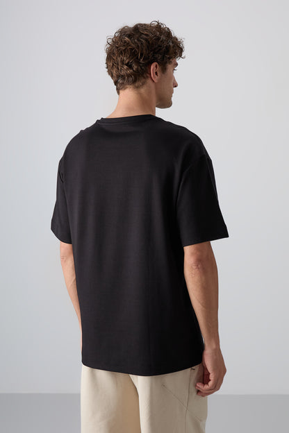 Black Cotton Thick Soft Textured Oversize Fit Printed Men's T-Shirt - 88325