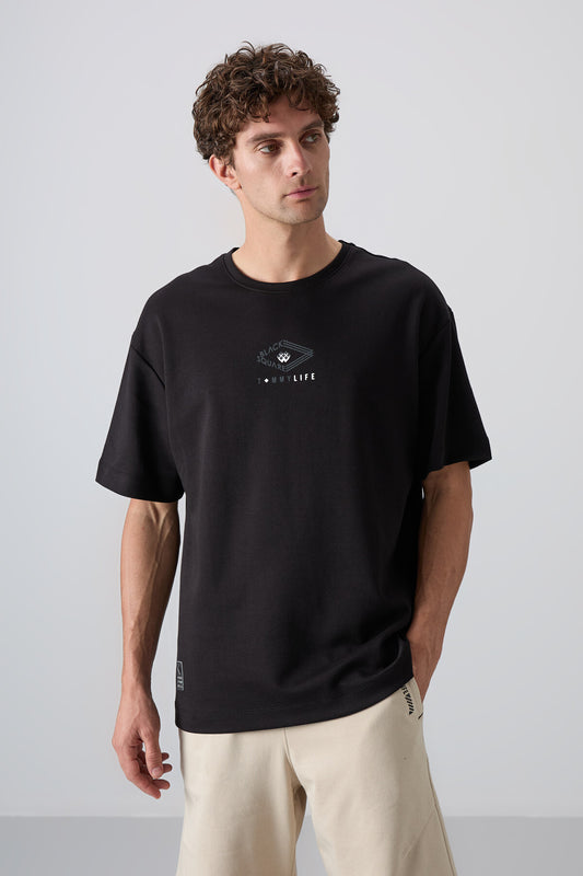Black Cotton Thick Soft Textured Oversize Fit Printed Men's T-Shirt - 88325