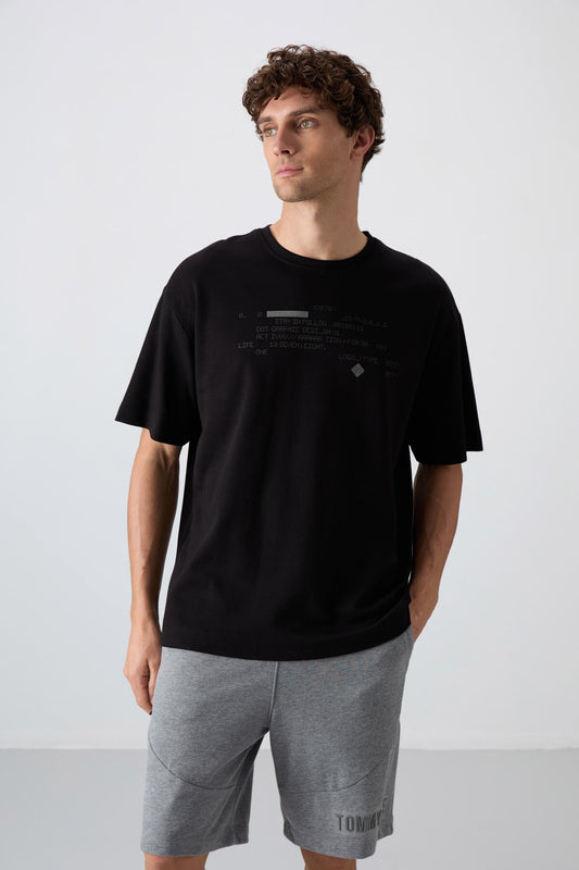 Black Cotton Thick Soft Textured Oversize Fit Printed Men's T-Shirt - 88326