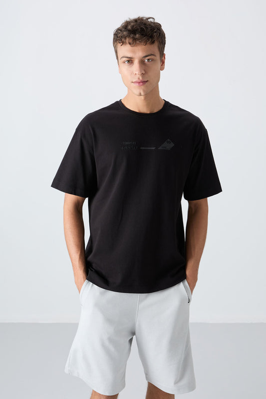 Black Cotton Thick Soft Textured Oversize Fit Printed Men's T-Shirt - 88330