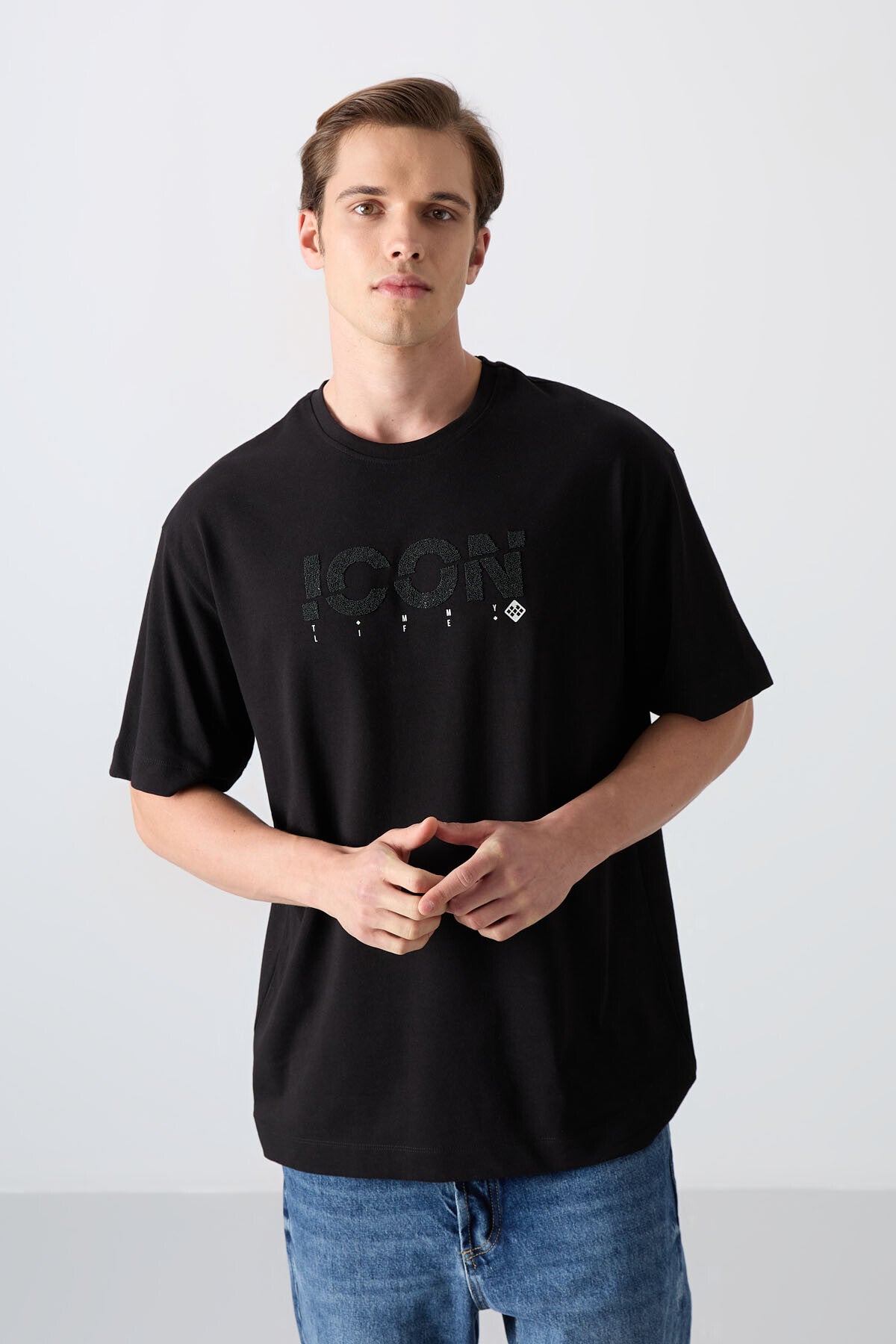 Black Cotton Thick Soft Textured Oversize Fit Printed Men's T-Shirt - 88331