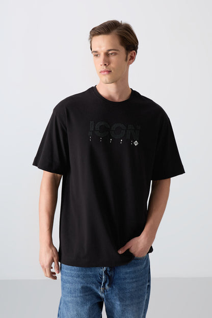 Black Cotton Thick Soft Textured Oversize Fit Printed Men's T-Shirt - 88331