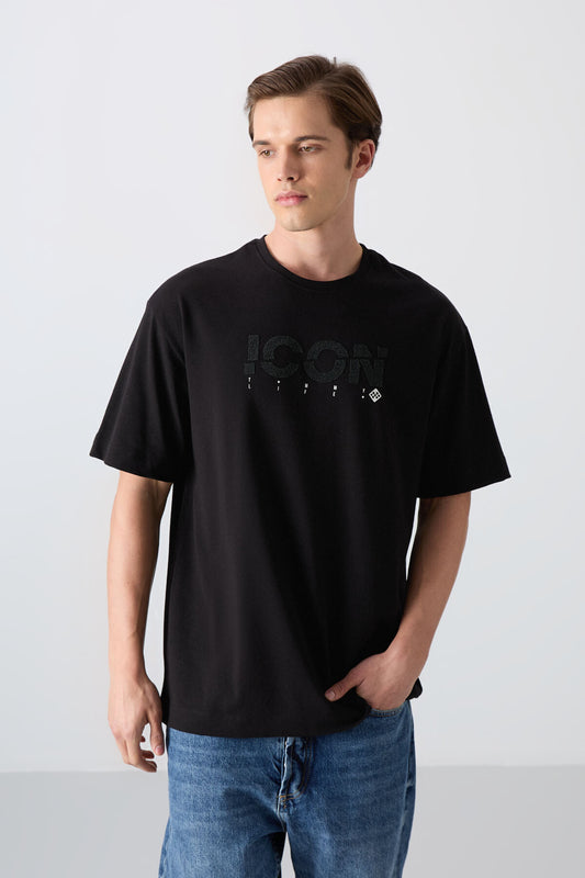 Black Cotton Thick Soft Textured Oversize Fit Printed Men's T-Shirt - 88331