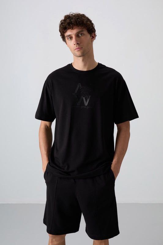 Black Cotton Thick Soft Textured Oversize Fit Printed Men's T-Shirt - 88332