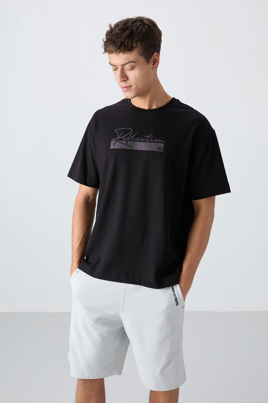 Black Cotton Thick Soft Textured Oversize Fit Printed Men's T-Shirt - 88334