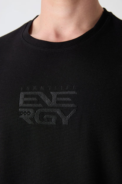Black Cotton Thick Textured Surface Oversize Fit Printed Men's T-Shirt - 88336