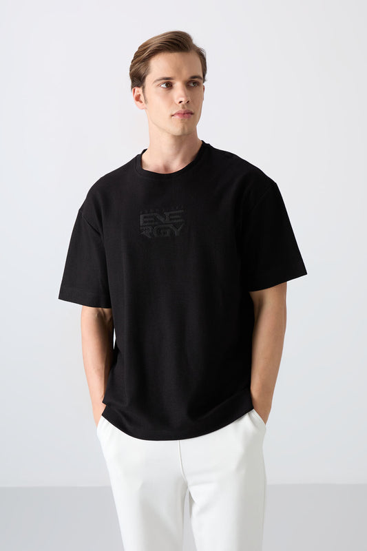 Black Cotton Thick Textured Surface Oversize Fit Printed Men's T-Shirt - 88336