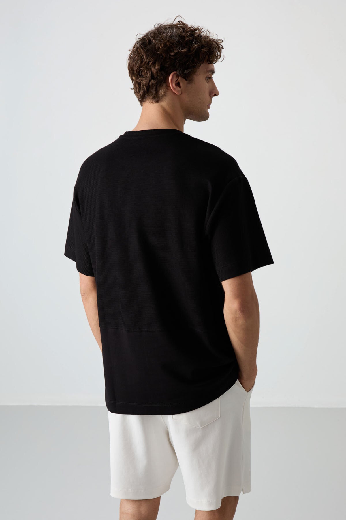 Black Cotton Thick Textured Surface Oversize Fit Basic Men's T-Shirt - 88337