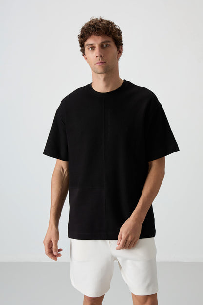 Black Cotton Thick Textured Surface Oversize Fit Basic Men's T-Shirt - 88337