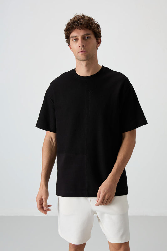 Black Cotton Thick Textured Surface Oversize Fit Basic Men's T-Shirt - 88337