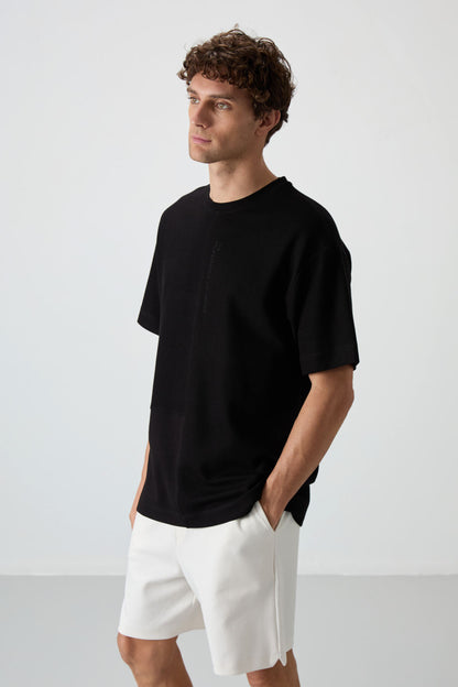 Black Cotton Thick Textured Surface Oversize Fit Basic Men's T-Shirt - 88337