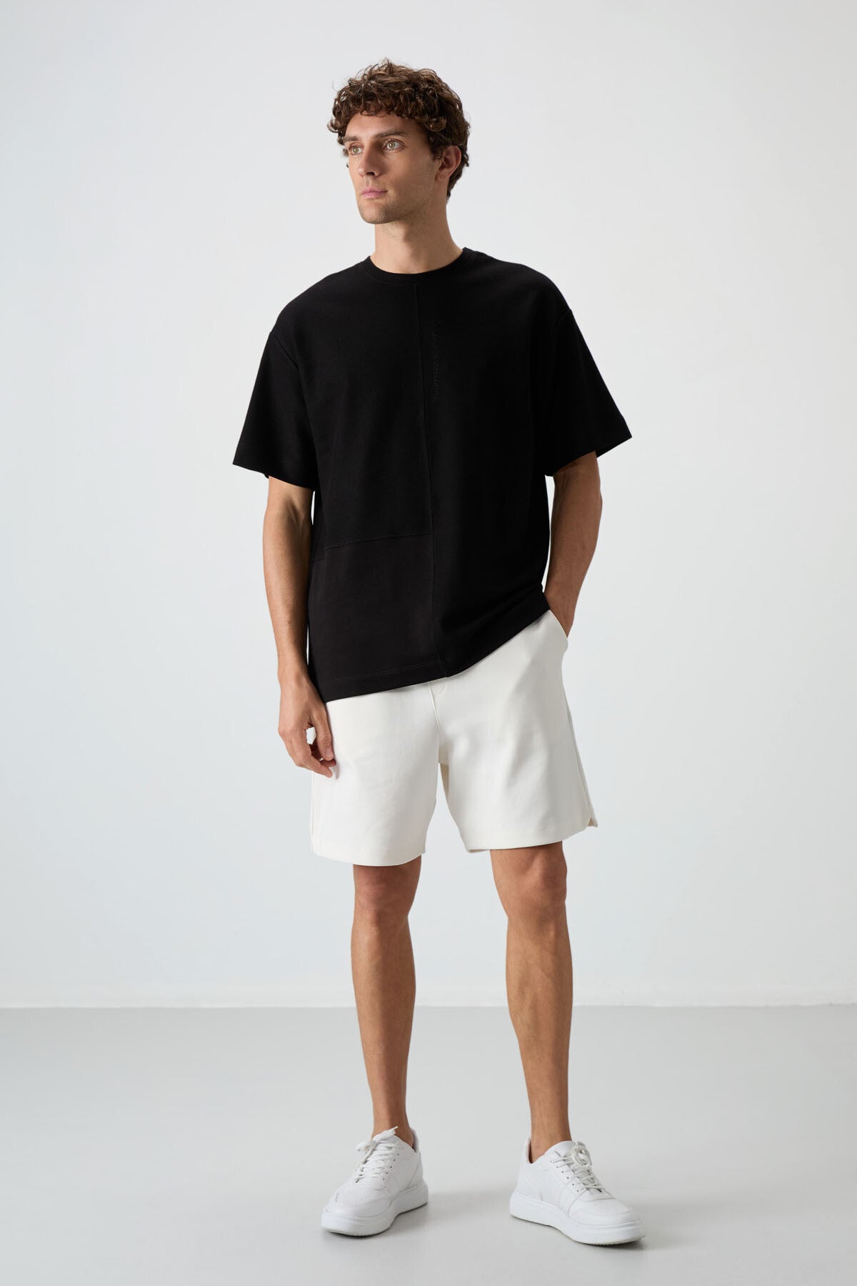Black Cotton Thick Textured Surface Oversize Fit Basic Men's T-Shirt - 88337