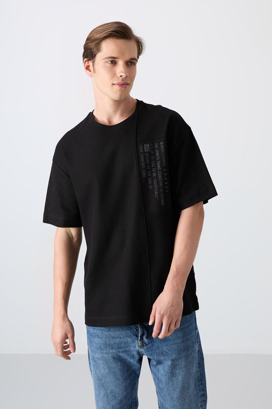 Black Cotton Thick Textured Surface Oversize Fit Printed Men's T-Shirt - 88338