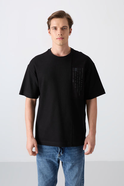 Black Cotton Thick Textured Surface Oversize Fit Printed Men's T-Shirt - 88338