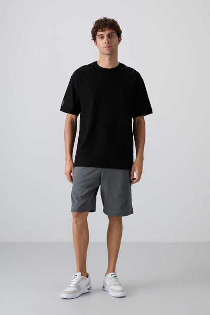 Black Cotton Thick Textured Surface Oversize Fit Basic Men's T-Shirt - 88339