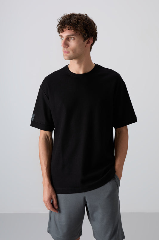 Black Cotton Thick Textured Surface Oversize Fit Basic Men's T-Shirt - 88339
