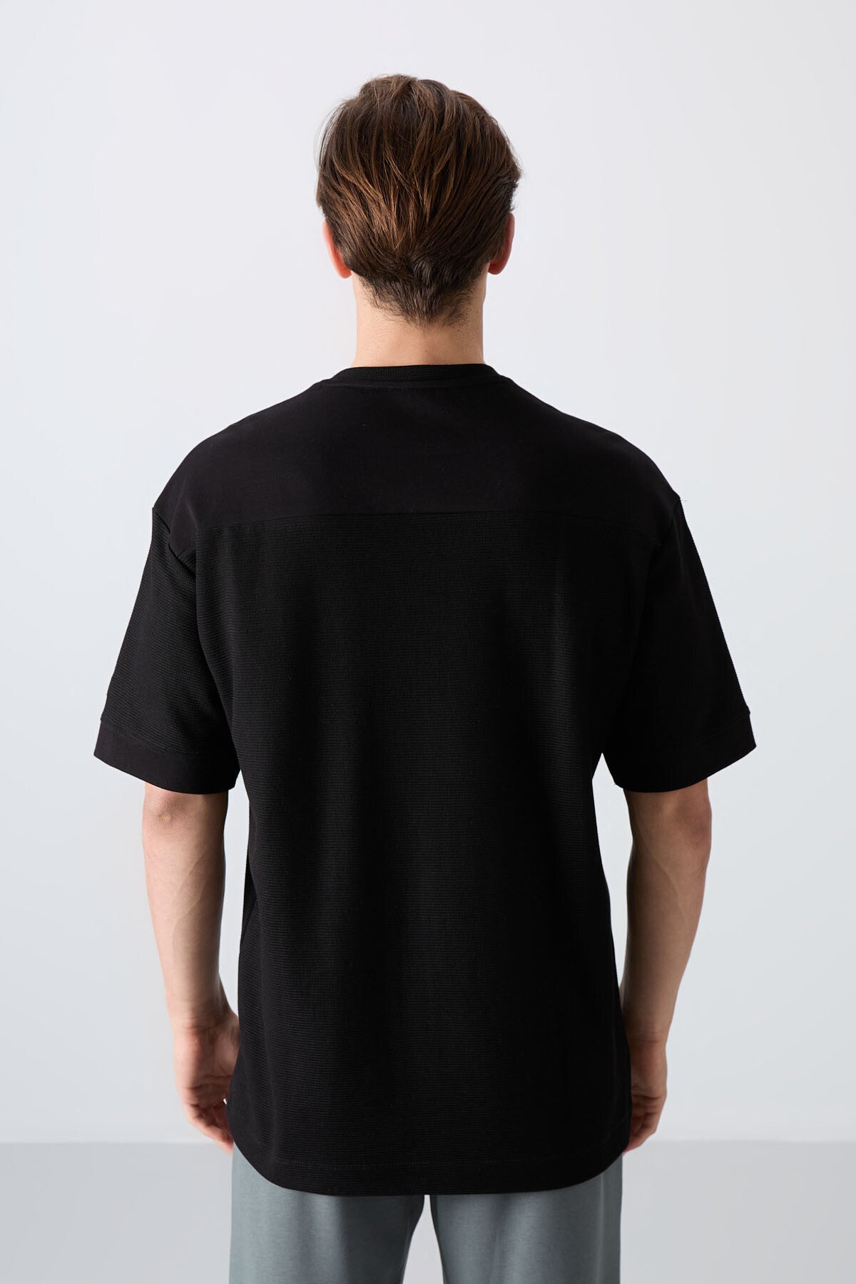 Black Cotton Thick Textured Surface Oversize Fit Basic Men's T-Shirt - 88340