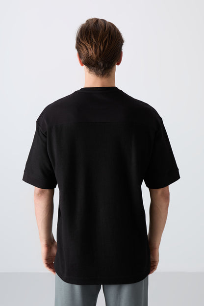 Black Cotton Thick Textured Surface Oversize Fit Basic Men's T-Shirt - 88340
