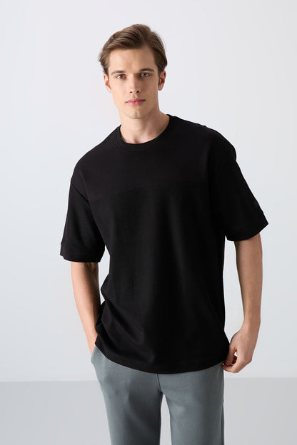 Black Cotton Thick Textured Surface Oversize Fit Basic Men's T-Shirt - 88340
