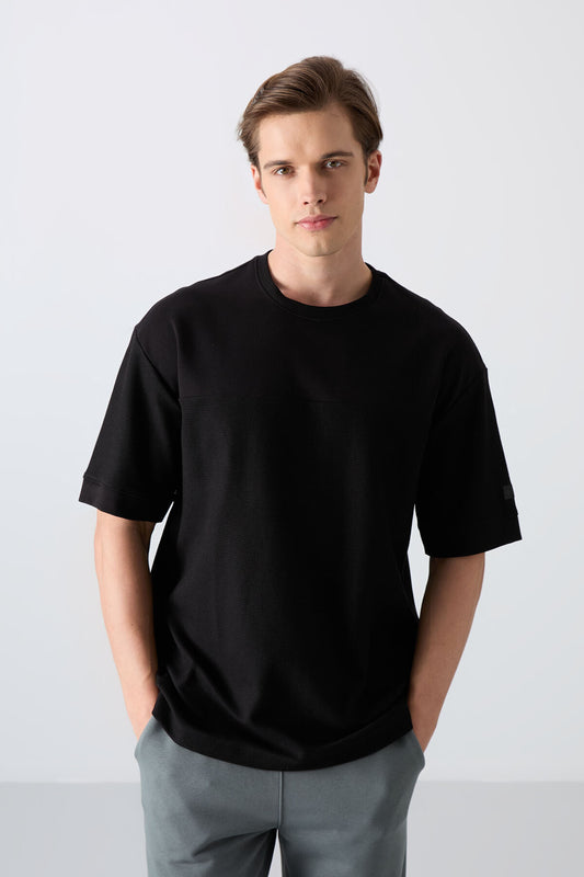 Black Cotton Thick Textured Surface Oversize Fit Basic Men's T-Shirt - 88340
