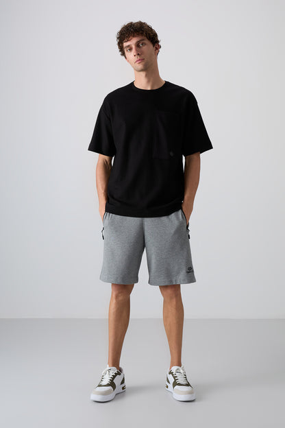 Black Cotton Thick Textured Surface Oversize Fit Basic Men's T-Shirt - 88341