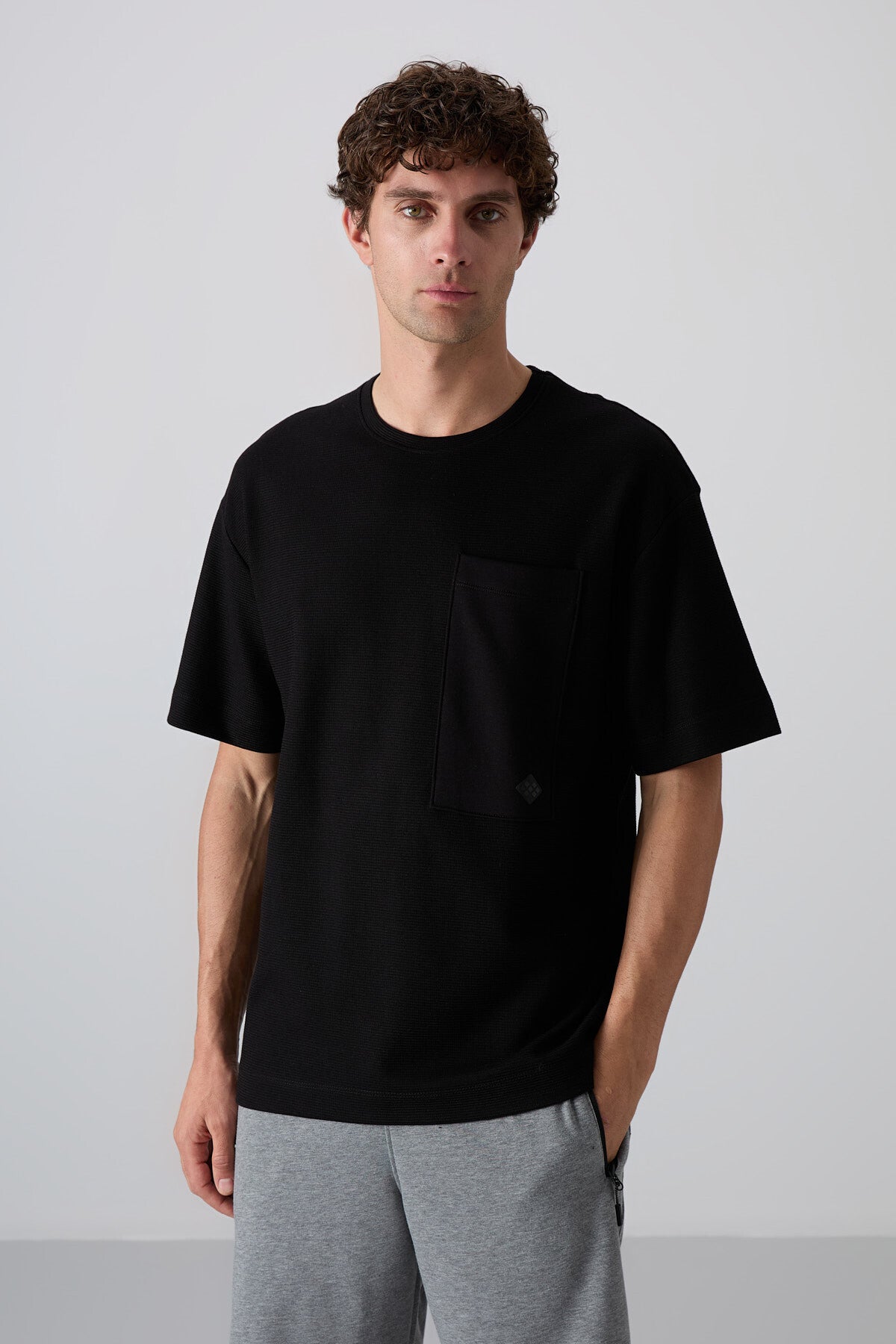 Black Cotton Thick Textured Surface Oversize Fit Basic Men's T-Shirt - 88341