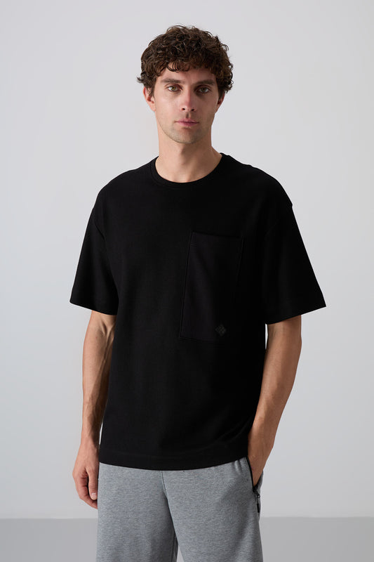 Black Cotton Thick Textured Surface Oversize Fit Basic Men's T-Shirt - 88341