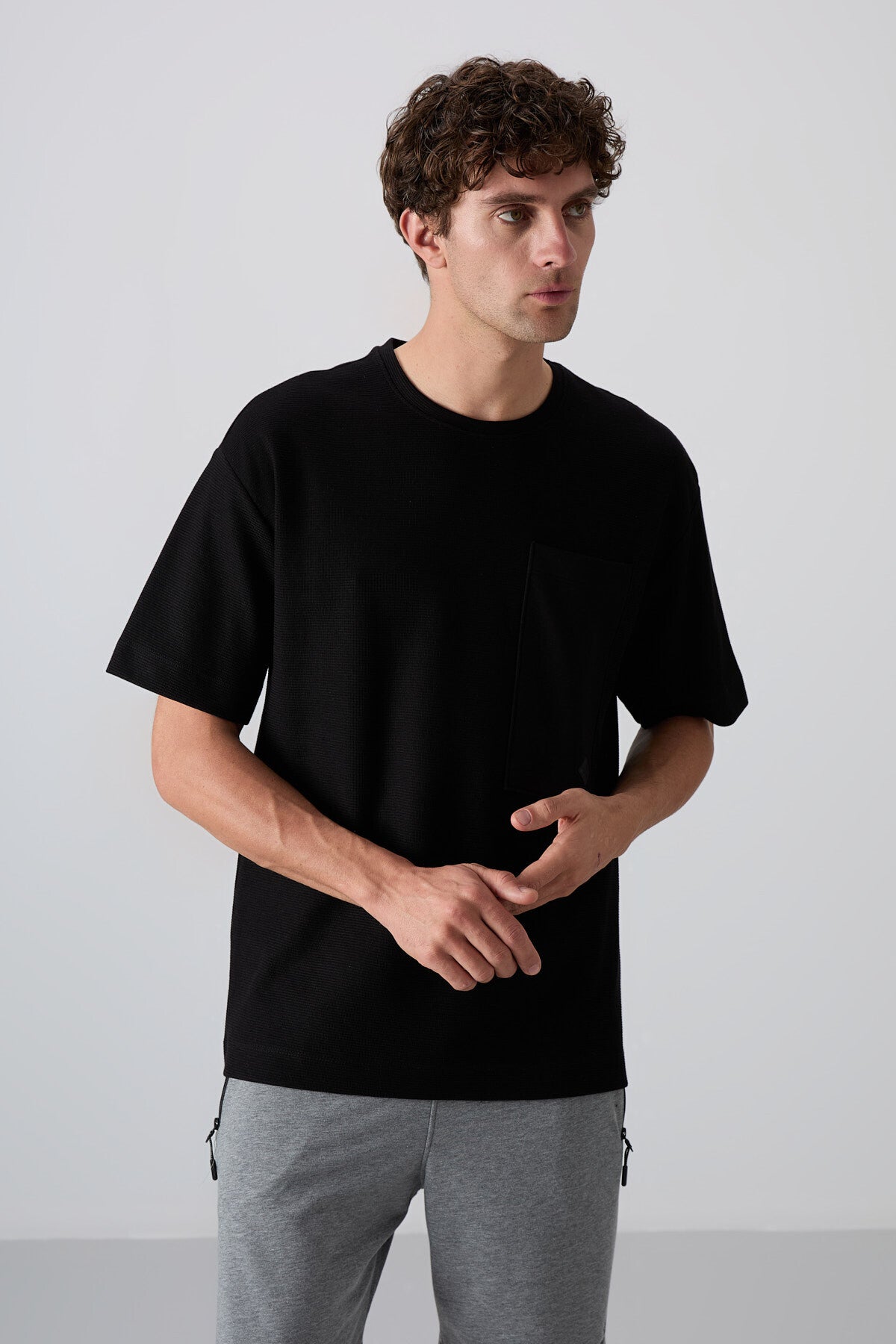 Black Cotton Thick Textured Surface Oversize Fit Basic Men's T-Shirt - 88341