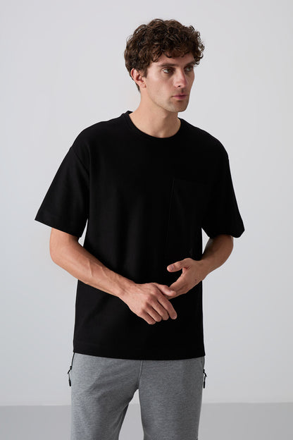 Black Cotton Thick Textured Surface Oversize Fit Basic Men's T-Shirt - 88341
