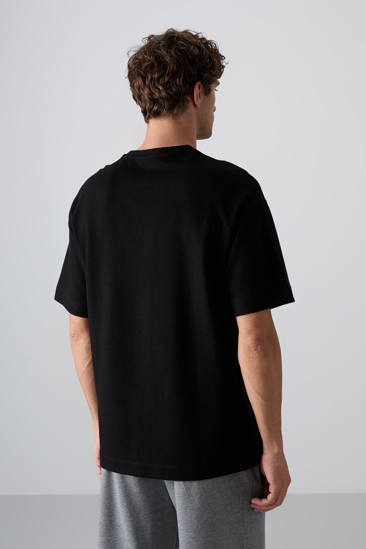 Black Cotton Thick Textured Surface Oversize Fit Basic Men's T-Shirt - 88341