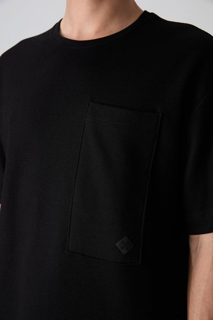 Black Cotton Thick Textured Surface Oversize Fit Basic Men's T-Shirt - 88341