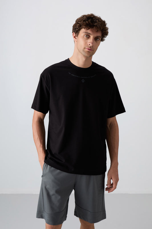 Black Cotton Thick Soft Textured Oversize Fit Printed Men's T-Shirt - 88343
