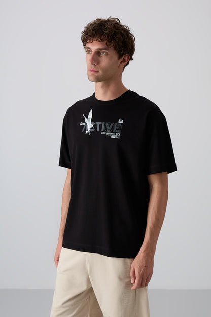 Black Cotton Thick Soft Textured Oversize Fit Printed Men's T-Shirt - 88344
