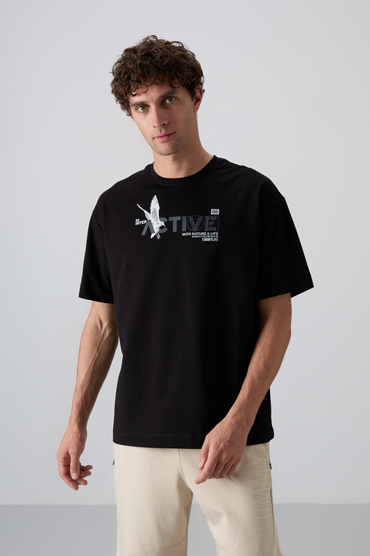 Black Cotton Thick Soft Textured Oversize Fit Printed Men's T-Shirt - 88344