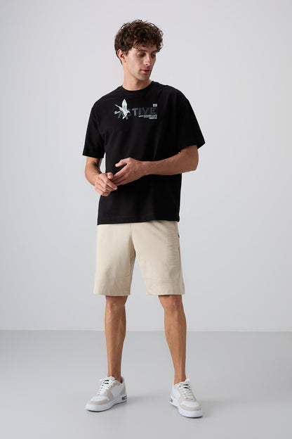 Black Cotton Thick Soft Textured Oversize Fit Printed Men's T-Shirt - 88344