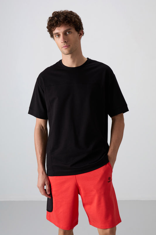 Black Cotton Thick Soft Textured Oversize Fit Basic Men's T-Shirt - 88349