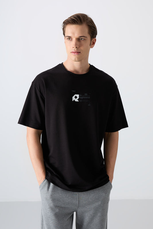 Black Cotton Thick Soft Textured Oversize Fit Printed Men's T-Shirt - 88350
