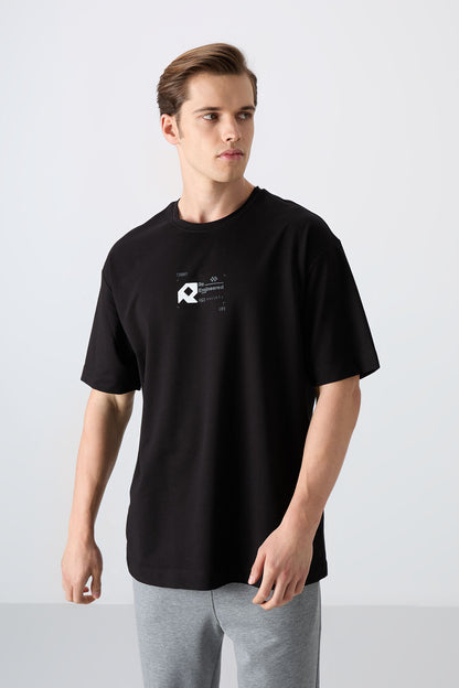 Black Cotton Thick Soft Textured Oversize Fit Printed Men's T-Shirt - 88350