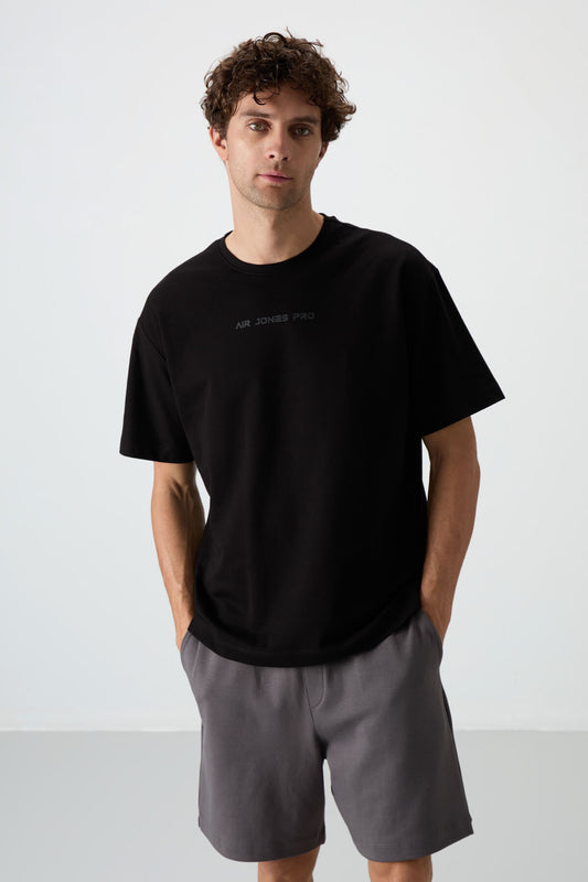 Black Cotton Thick Textured Surface Oversize Fit Printed Men's T-Shirt - 88364
