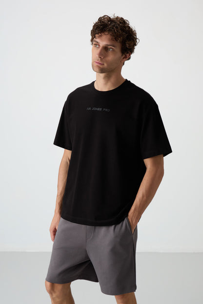 Black Cotton Thick Textured Surface Oversize Fit Printed Men's T-Shirt - 88364