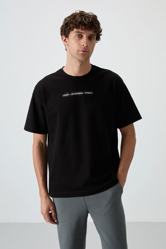 Black Cotton Thick Textured Surface Oversize Fit Printed Men's T-Shirt - 88365