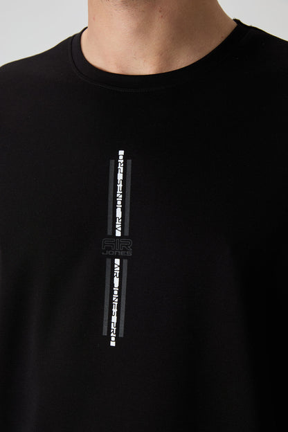 Black Cotton Thick Textured Surface Oversize Fit Printed Men's T-Shirt - 88366