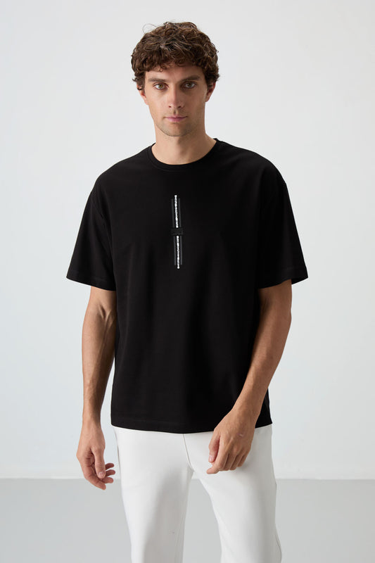 Black Cotton Thick Textured Surface Oversize Fit Printed Men's T-Shirt - 88366