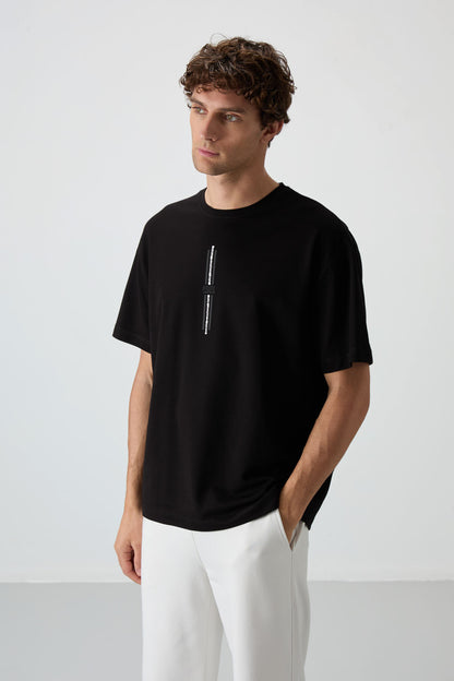 Black Cotton Thick Textured Surface Oversize Fit Printed Men's T-Shirt - 88366