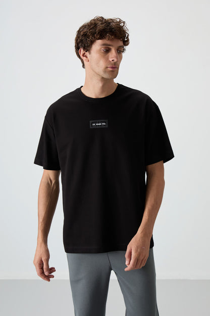 Black Cotton Thick Textured Surface Oversize Fit Printed Men's T-Shirt - 88367